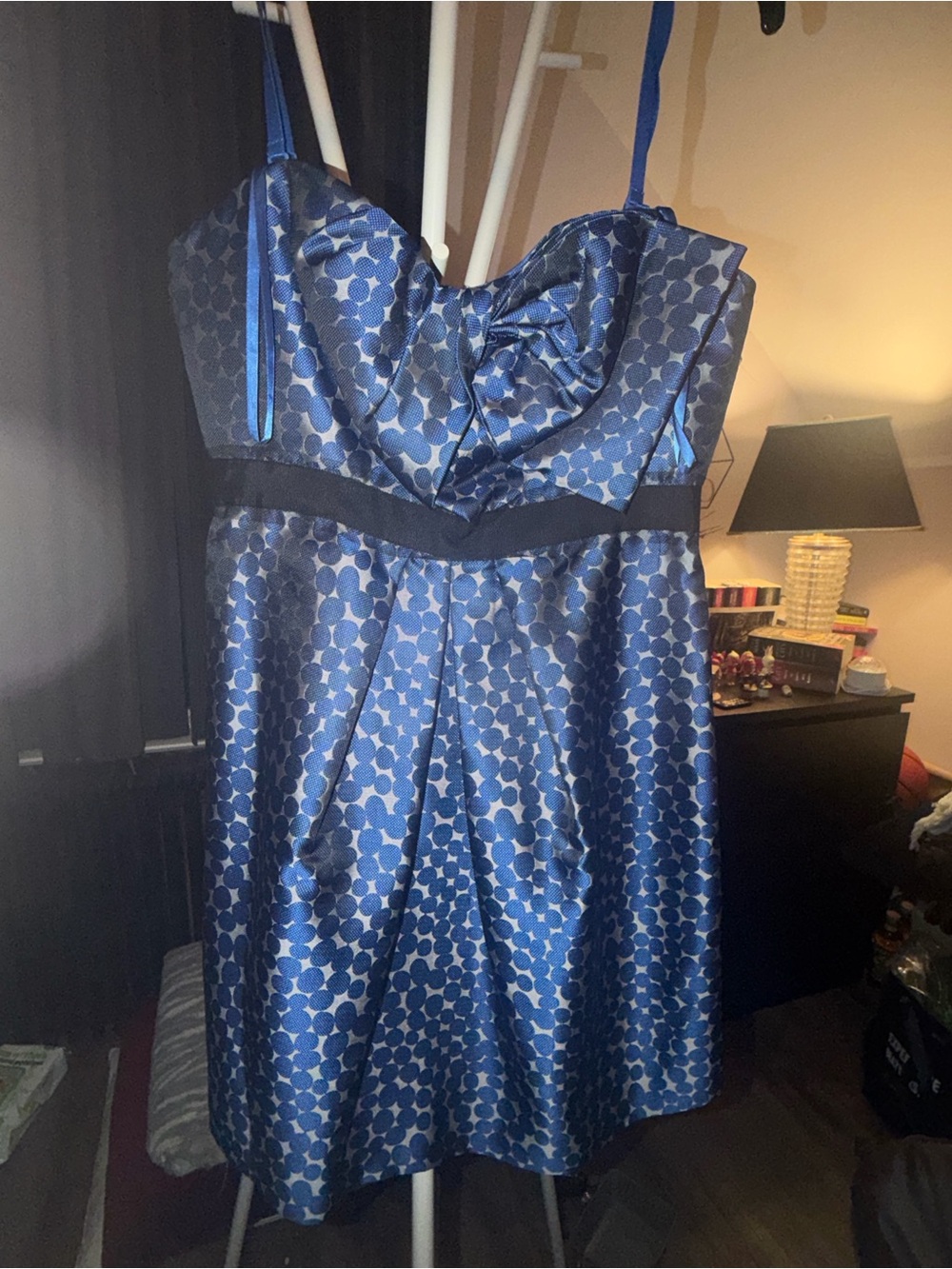 BCBGMaxAzria Blue Strapless Jacquard Party Dress with Black Waistband